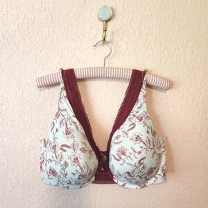 Cacique Red White Floral Balconette Long Line Triangle Mesh Lace Bra 40F